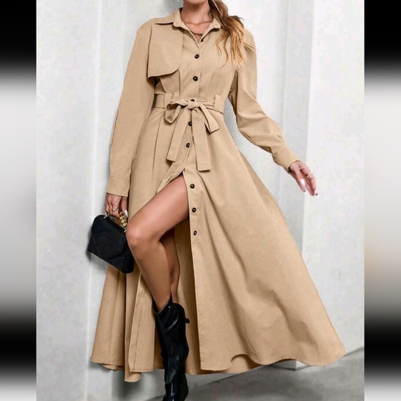 Women's Shirt Collar Cinched Waist Maxi Windbreaker Dress - Picture 1 of 5